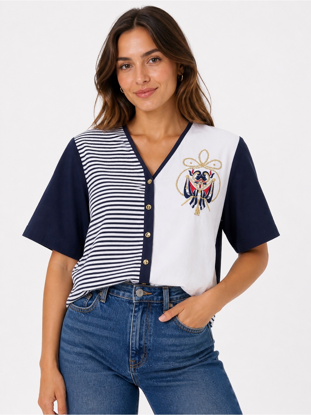 California Nautical Stripe & Embroidered Top Women’s M Button Front